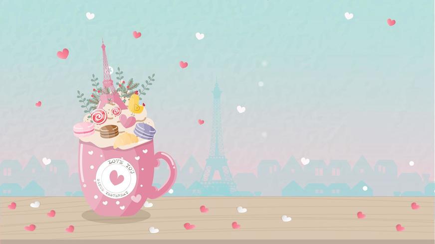 Taza de café decorativa y torre Eiffel vector