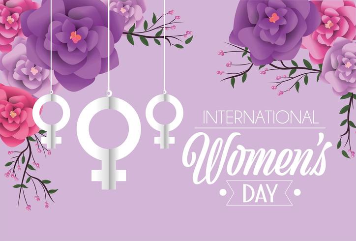 women sign hanging with roses to womens day celebration vector