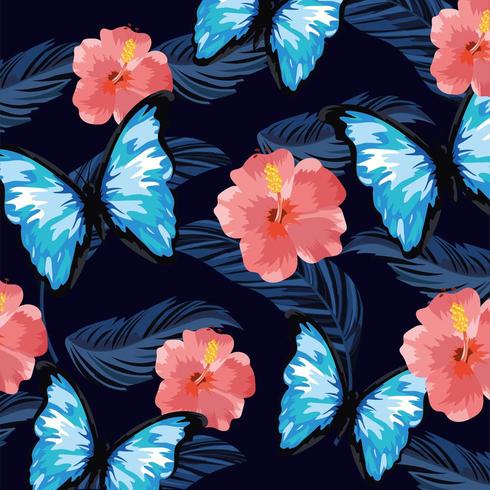 Mariposa con fondo de plantas y flores tropicales vector