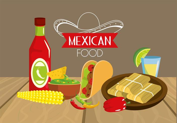 comida tacos mexicanos con salsas y mazorca vector