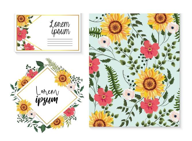 set card and label with sunflowers and branches leaves vector