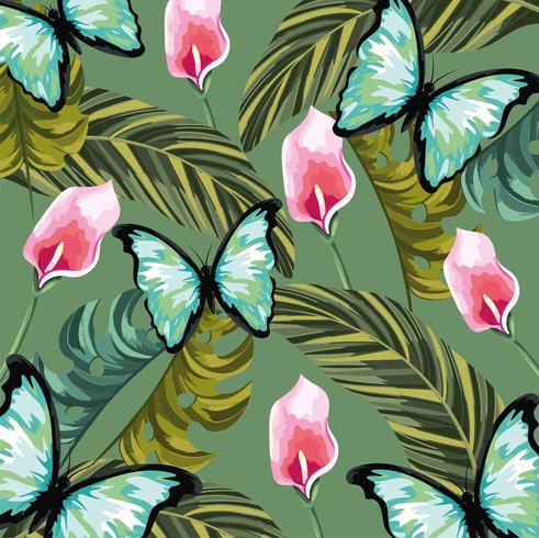 flores tropicales con mariposas y hojas de fondo vector