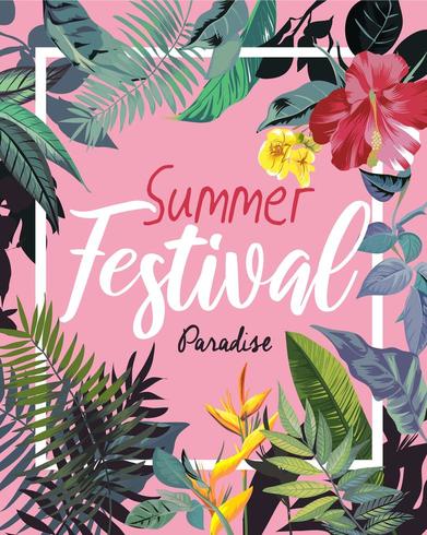 Summer slogan with tropical flowers vector