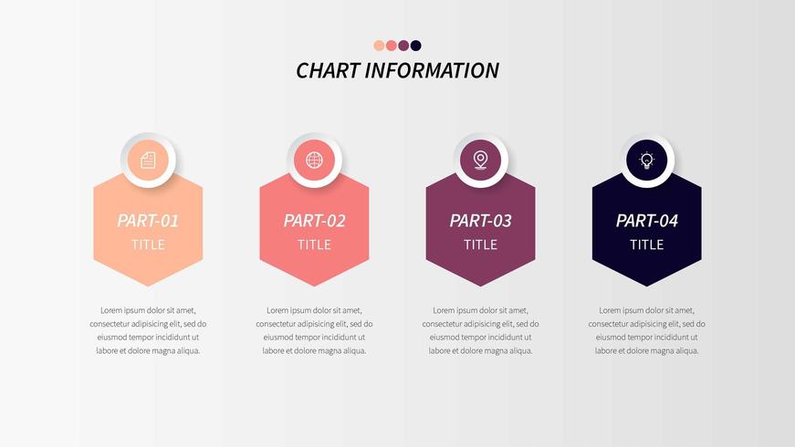 Infografía lógica de cuatro pasos con hexágonos e íconos de negocios vector