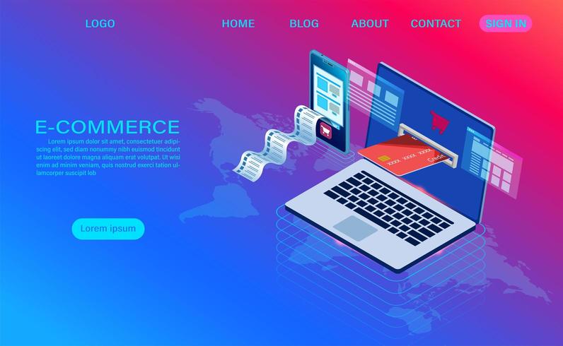 E-commerce shopping online with computer landing page  vector