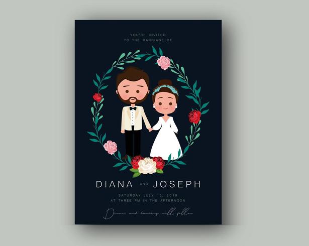 Wedding Invitation with Bride, Groom and Wreath vector