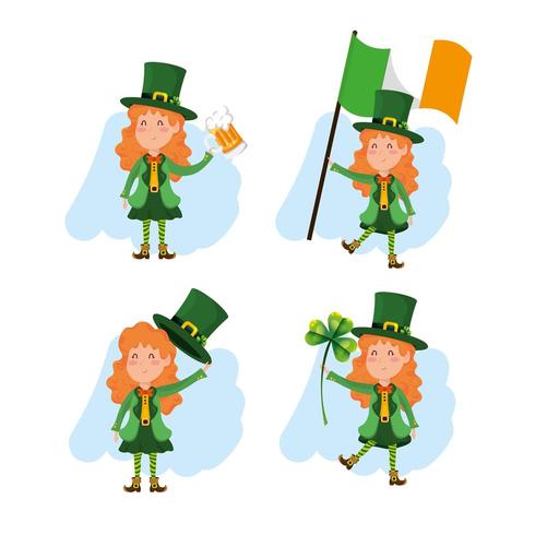 set of St. Patrick's Day woman leprechaun with beer and clover vector