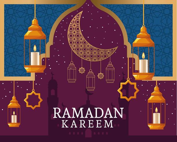 Ramadán Kareem con luna menguante y arte islámico vector