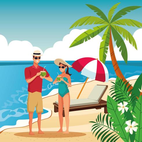 Summer couple in the beach cartoon vector