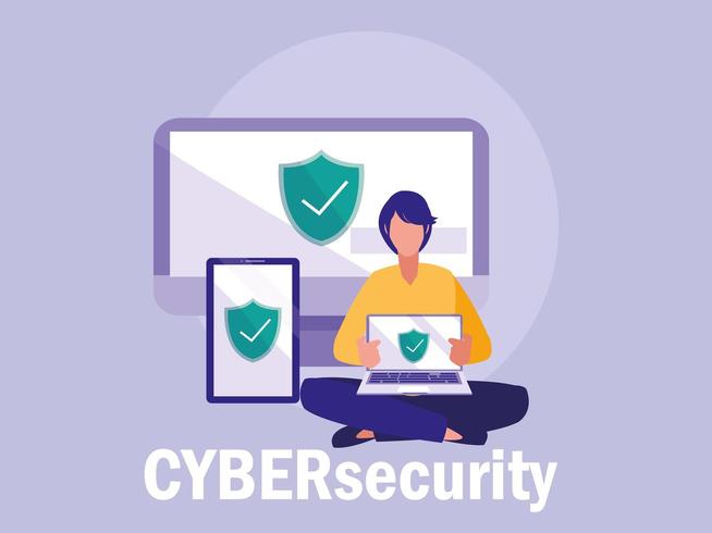 mini man with set devices electronics and shields vector