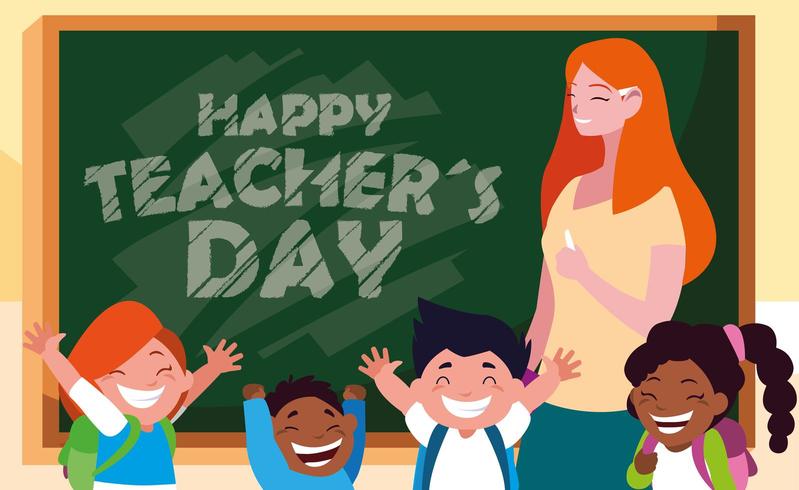 happy day card with teacher female and students vector