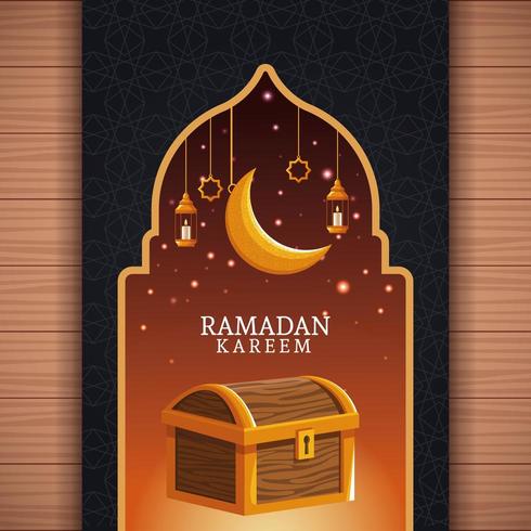 Ramadán Kareem con luna menguante y arte islámico vector