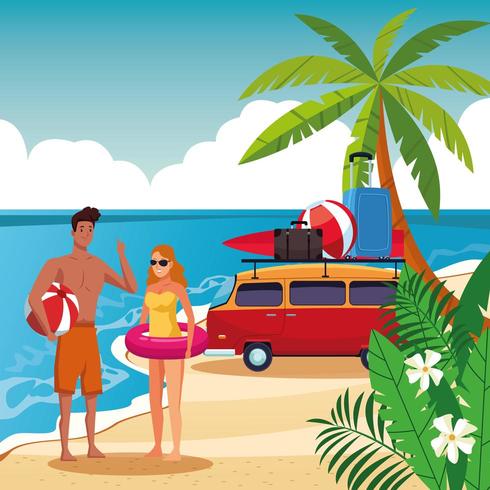 Summer couple in the beach cartoon vector