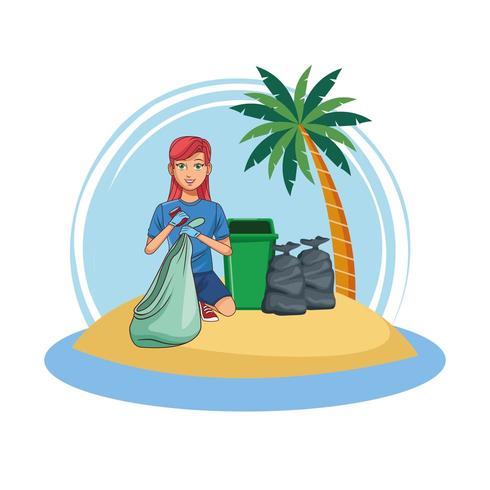 Woman volunteer cleaning beach vector