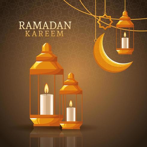 Ramadán Kareem con luna menguante y arte islámico vector