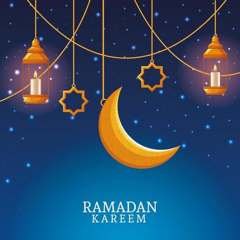 Ramadán Kareem con luna menguante y arte islámico vector