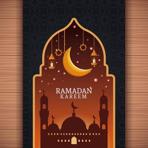 Ramadán Kareem con luna menguante y arte islámico vector