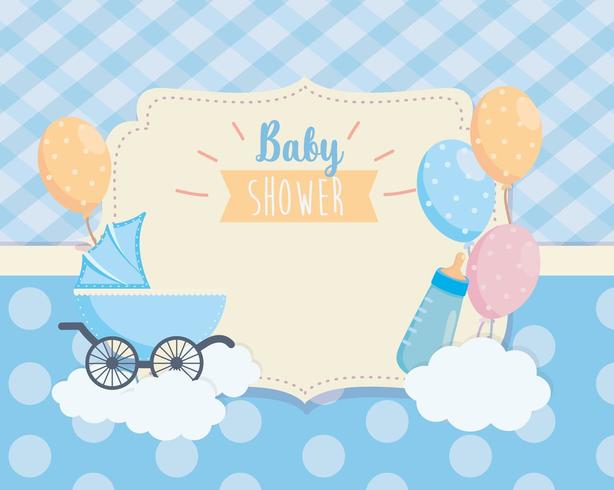 label of baby carriage and balloons deccoration vector