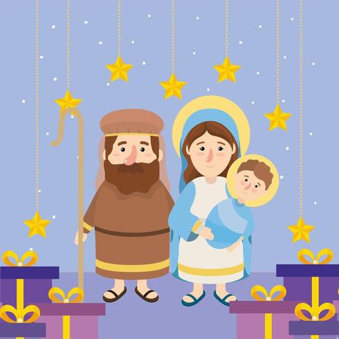 joseh and mary with jesus and stars with presents vector