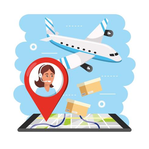 aiplane transport with woman call center agent information and smartphone gps vector