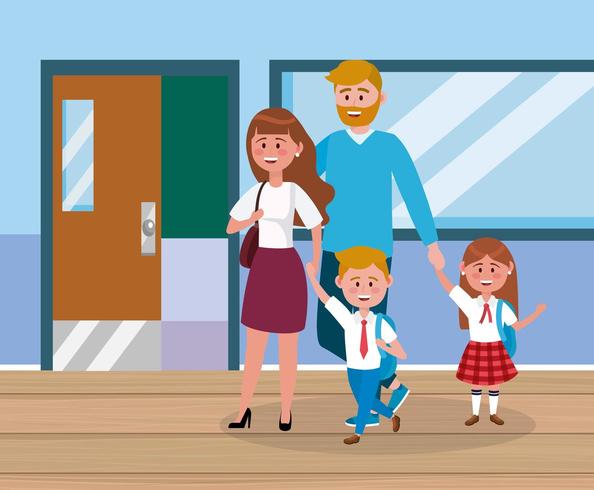 mother and father with their girl and boy students with backpack vector