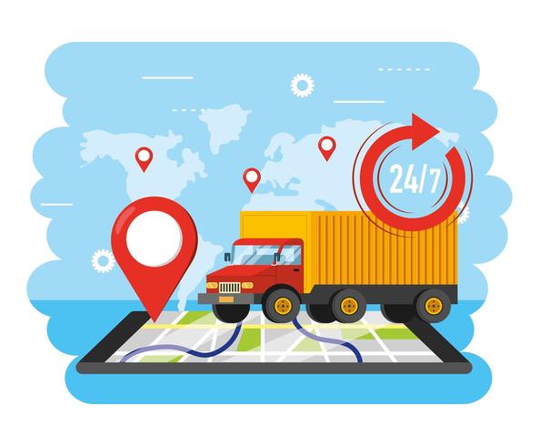 transporte de camiones con ubicación de gps de teléfonos inteligentes vector