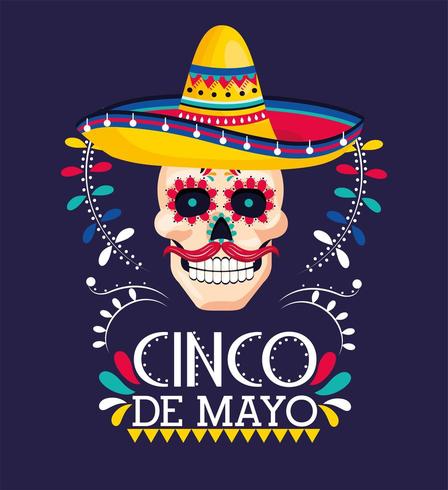 skull decoration with hat to mexican event vector