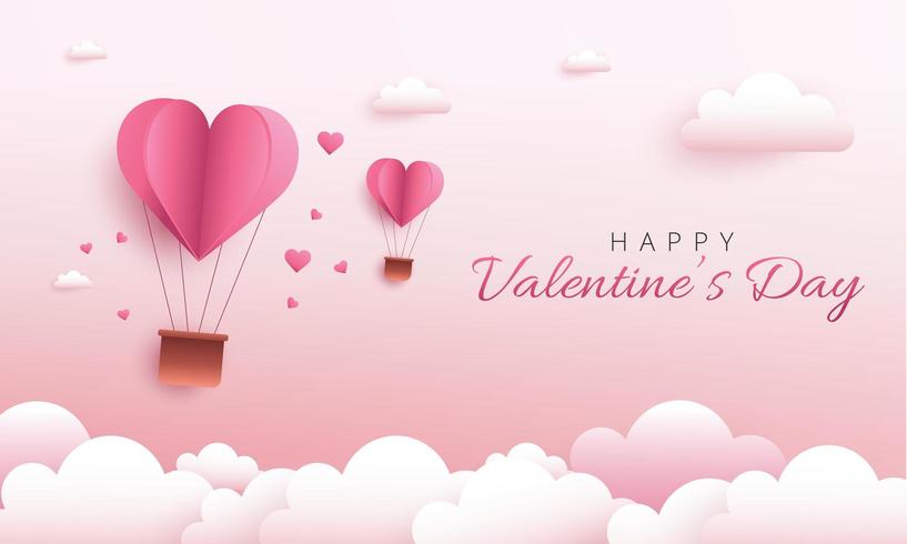 Happy Valentine's Day design with hot air heart balloon. Paper art and digital craft style vector