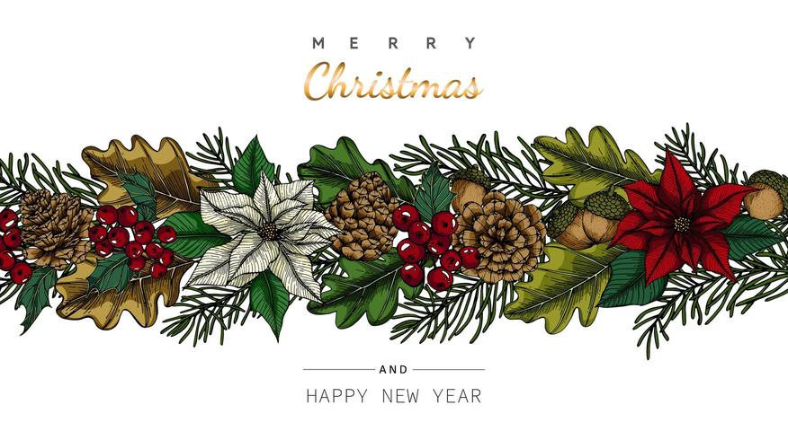 Merry Christmas and New Year border with flower and leaf drawings vector