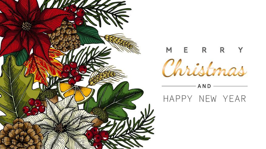 Merry Christmas and New Year flower and leaf in corner drawing vector