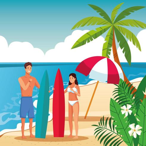 Summer couple in the beach cartoon vector