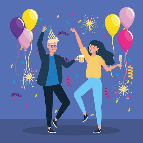 man and woman dancing with confetti decoration vector