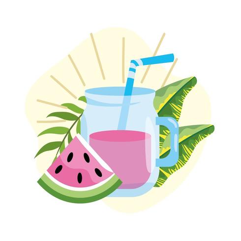 jugo de sandia con plantas de hojas tropicales vector