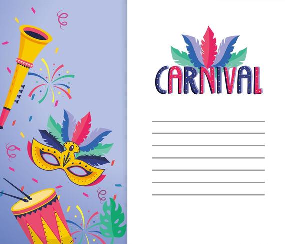 carnival card with trumpet and mask decoration vector