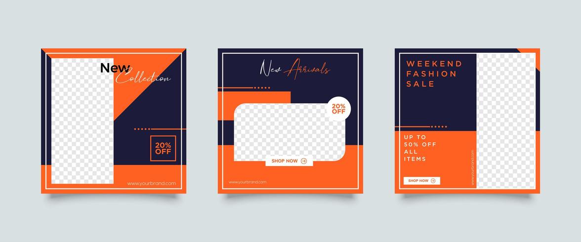 Navy and Orange Social media post template set vector