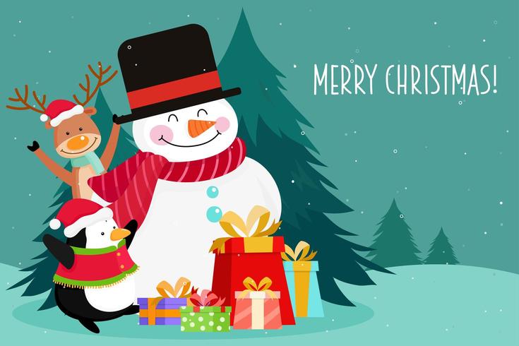 Christmas Greeting Card with Snowman and reindeer vector