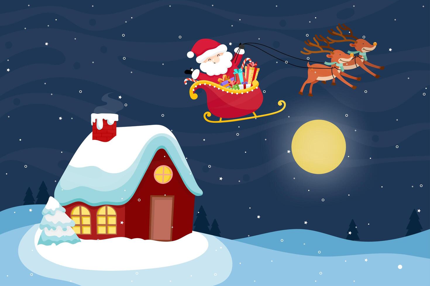 Christmas Greeting Card with Christmas Santa Claus  and reindeer. vector