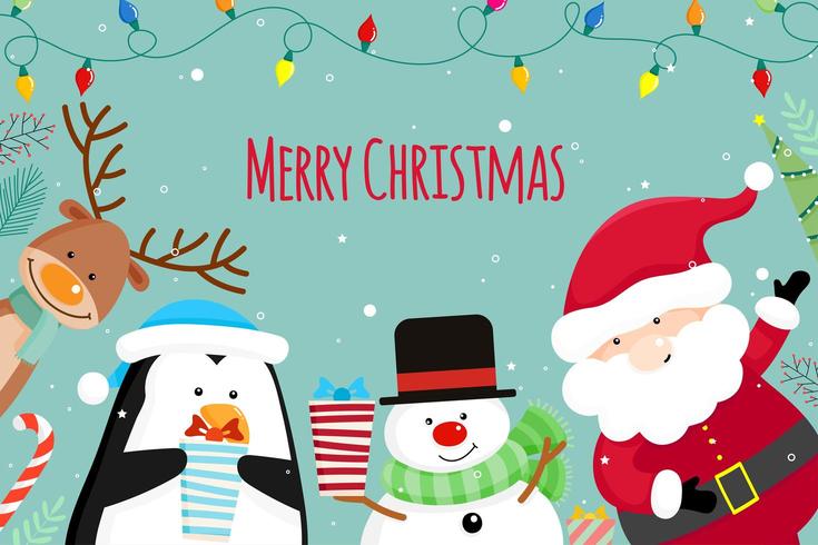 Tarjeta de felicitación de navidad con navidad santa claus, muñeco de nieve y renos vector