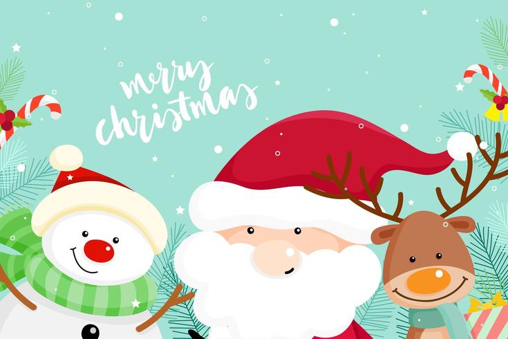 Christmas Greeting Card with Santa Claus, snowman and reindeer vector