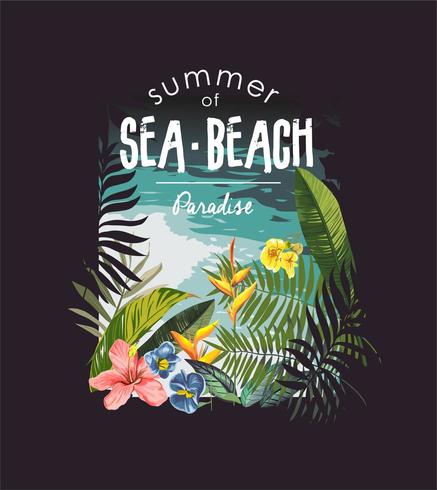 tropical beach slogan with jungle and beach  vector