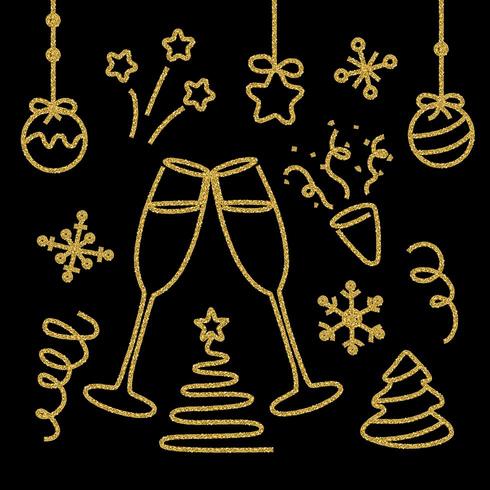 Gold glitter new year elements set vector