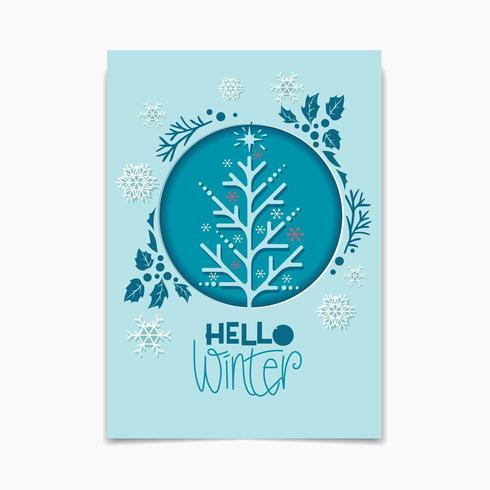 Hola diseño de invierno con el árbol en el marco del círculo vector