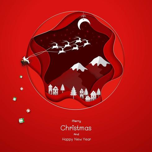 Santa Clause coming to countryside on red paper art background vector