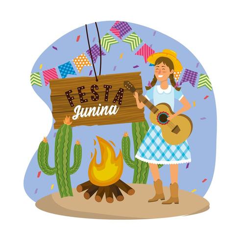 woman wearing hat with guitar and party banner vector