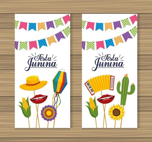 set cards decoration to festa junina celebration vector