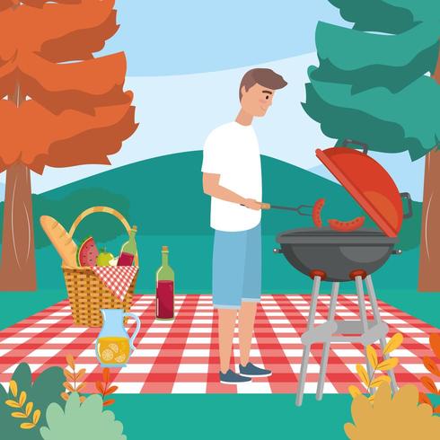 man with grilled and sausages in the tablecloth with food vector