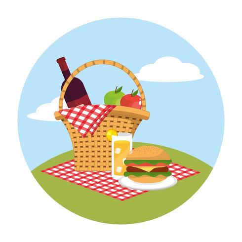 basket with wine and apples in the tablecloth decoration vector
