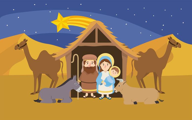 mary and joseph with jesus inside manger and camels vector