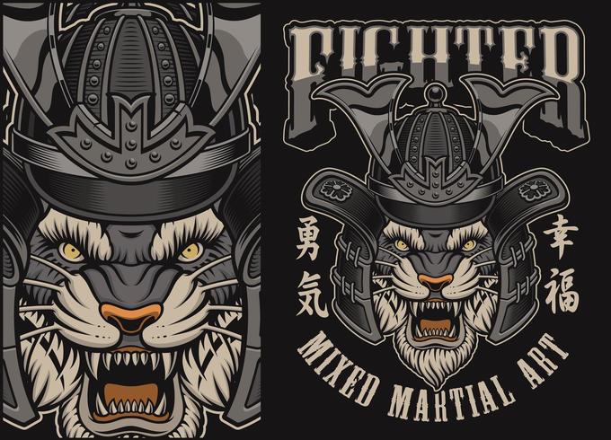 Ilustración de vector con tigre en un casco de samurai