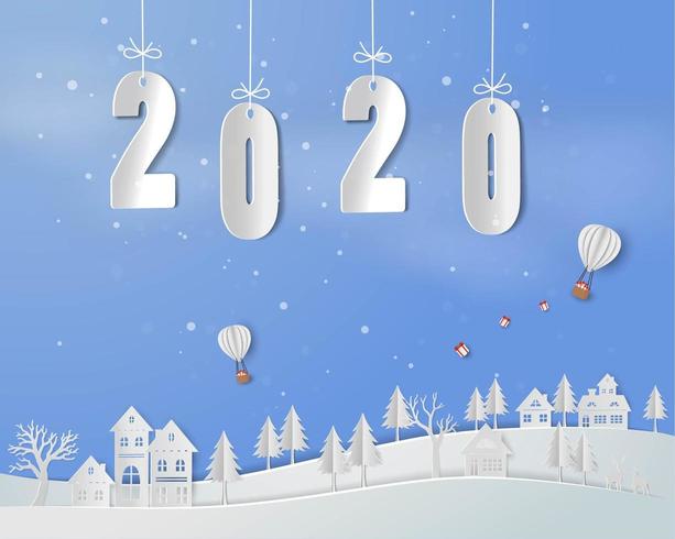 Feliz año nuevo 2020 en papel de fondo de arte vector